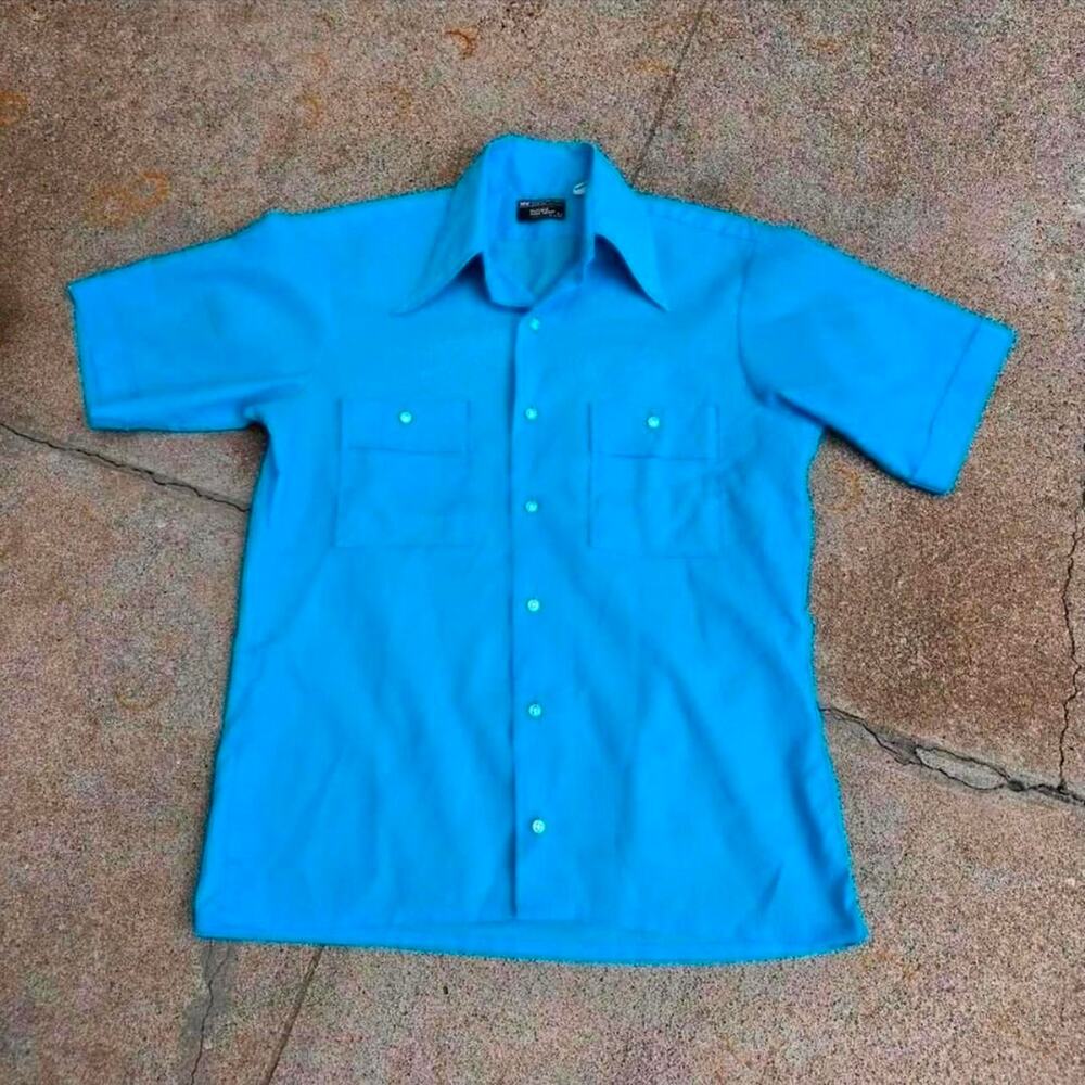 True Vtg 70s JC PENNEY Towncraft Tapered Penn Prest Button Up Shirt Blue M